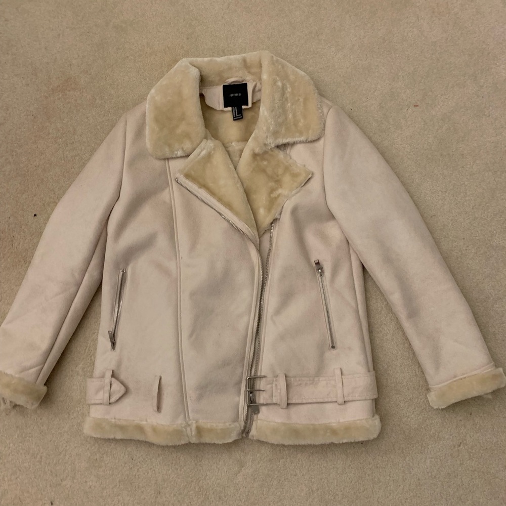 cream faux suede collared jacket with belt 💖